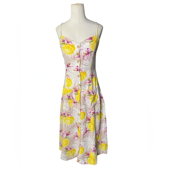 Forever 21 Linen Blend Lemon Floral Midi Dress Size M - Picture 3 of 6